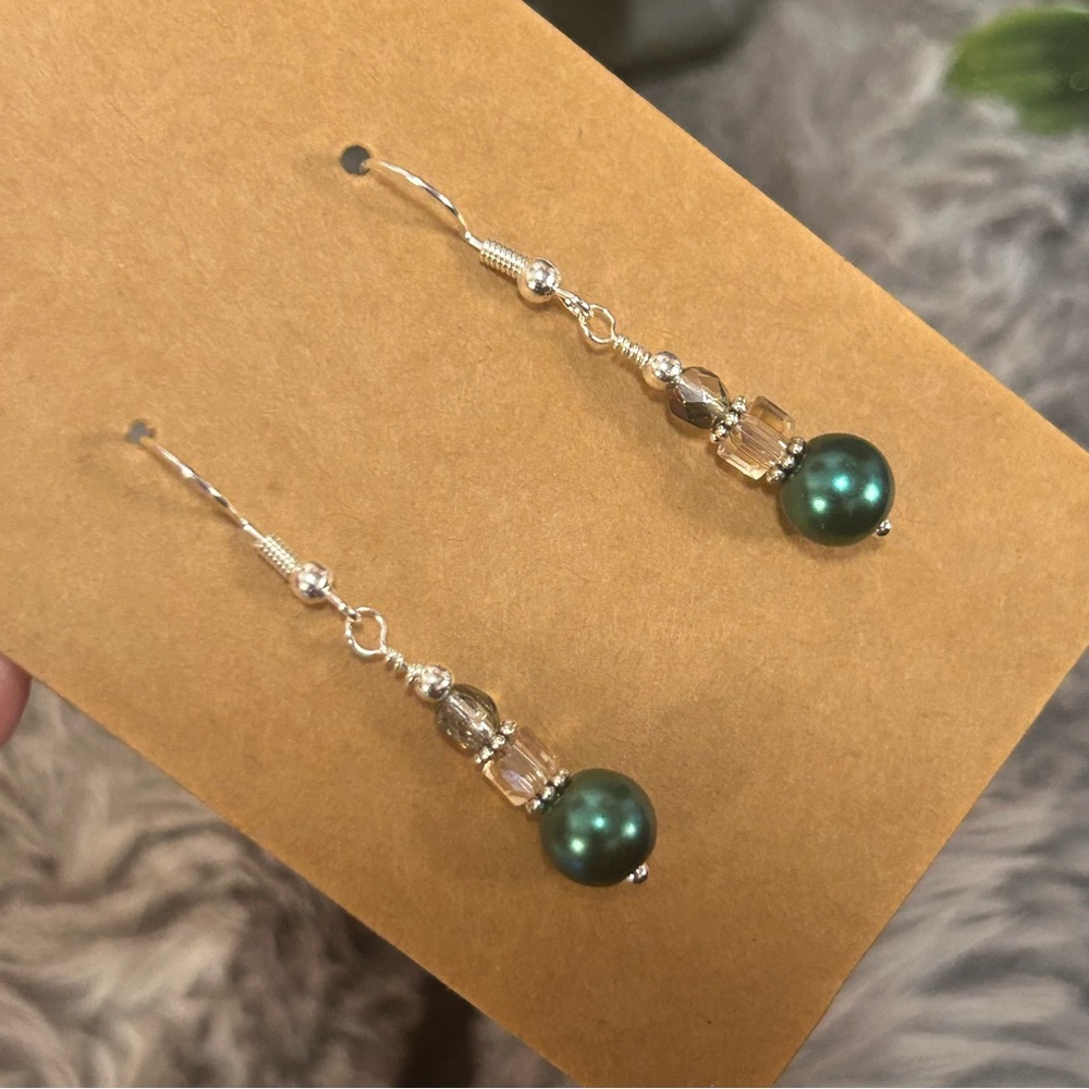 Handcrafted elegant peacock blue pearl crystal dangle earrings